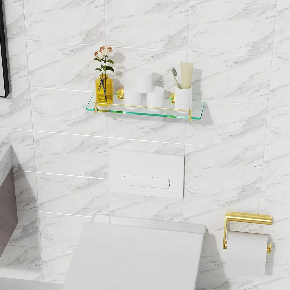 Open Box, Brushed Gold Glass Floating Bathroom Wall Shelf with Railing 16